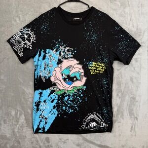 Pink Dolphin Mens XL Black Graphic Tee Rose Paint Splatter Streetwear Shirt